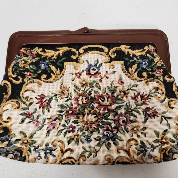 Vintage Brocade Embroidered Floral Kisslock Clutch Purse Cottagecore Grannycore - Picture 2 of 6